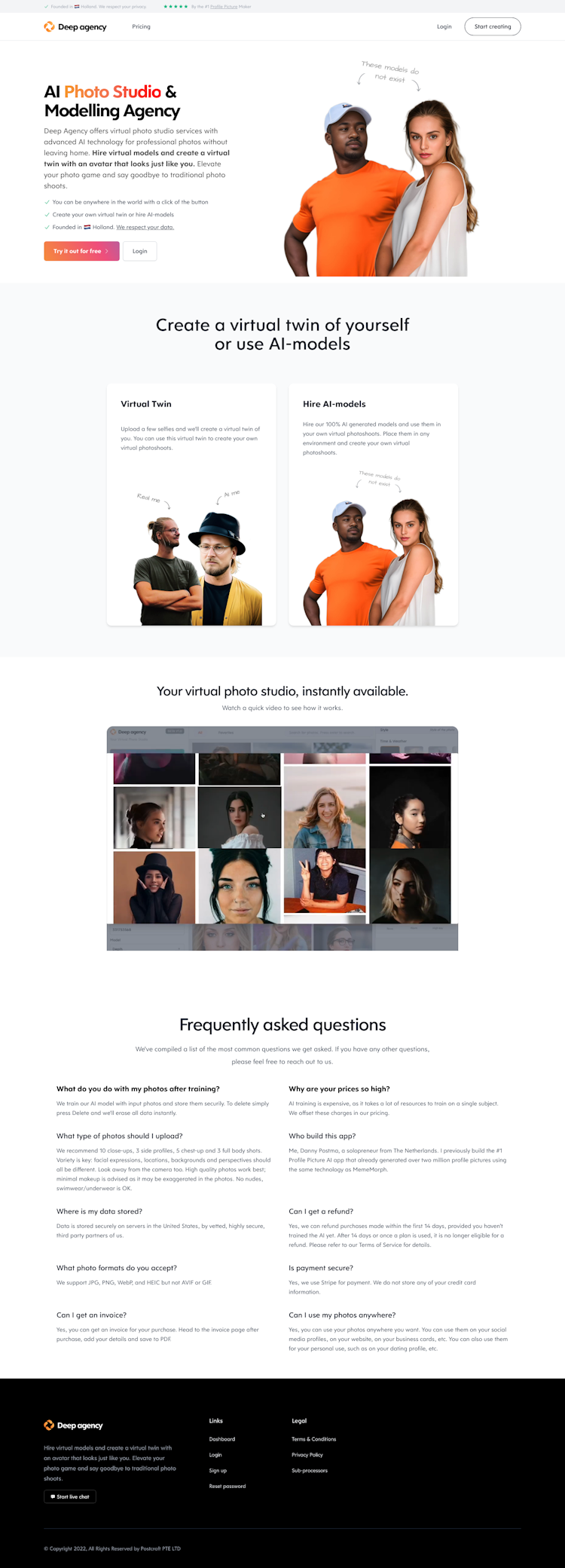 Virtual Photo Studio & AI Modelling Agency  Landing Page Design